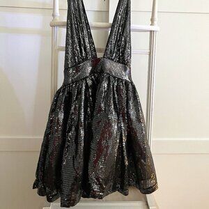 BNWT BEBE Gunmetal Sequined Halter Deep V-Neck Petticoat (S)